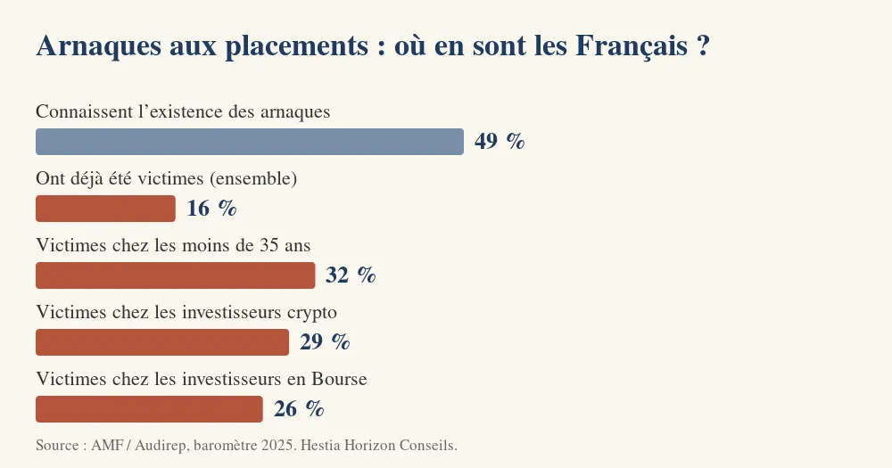 Graphique : 49 % des Français connaissent les arnaques aux placements, 16 % en ont été victimes, 32 % chez les moins de 35 ans