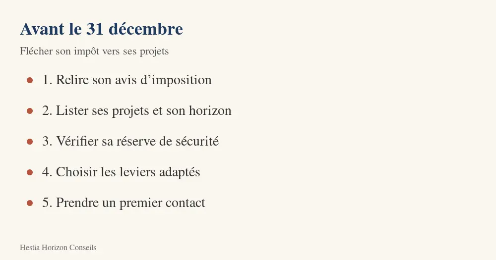 Les cinq étapes avant le 31 décembre : avis d’imposition, projets, réserve de sécurité, leviers adaptés, premier contact