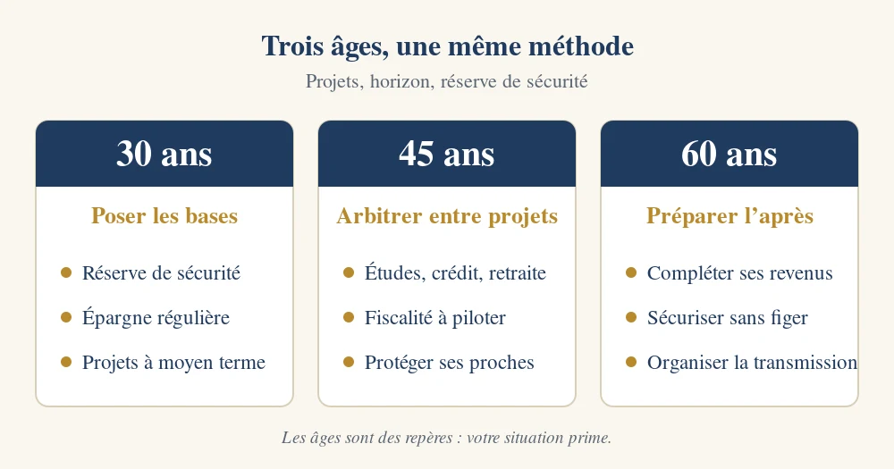 Schéma : à 30, 45 et 60 ans, les priorités patrimoniales changent mais la méthode reste la même