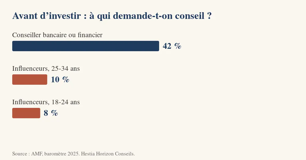 Graphique : 42 % des Français se renseignent auprès de conseillers, 10 % des 25-34 ans et 8 % des 18-24 ans auprès d’influenceurs